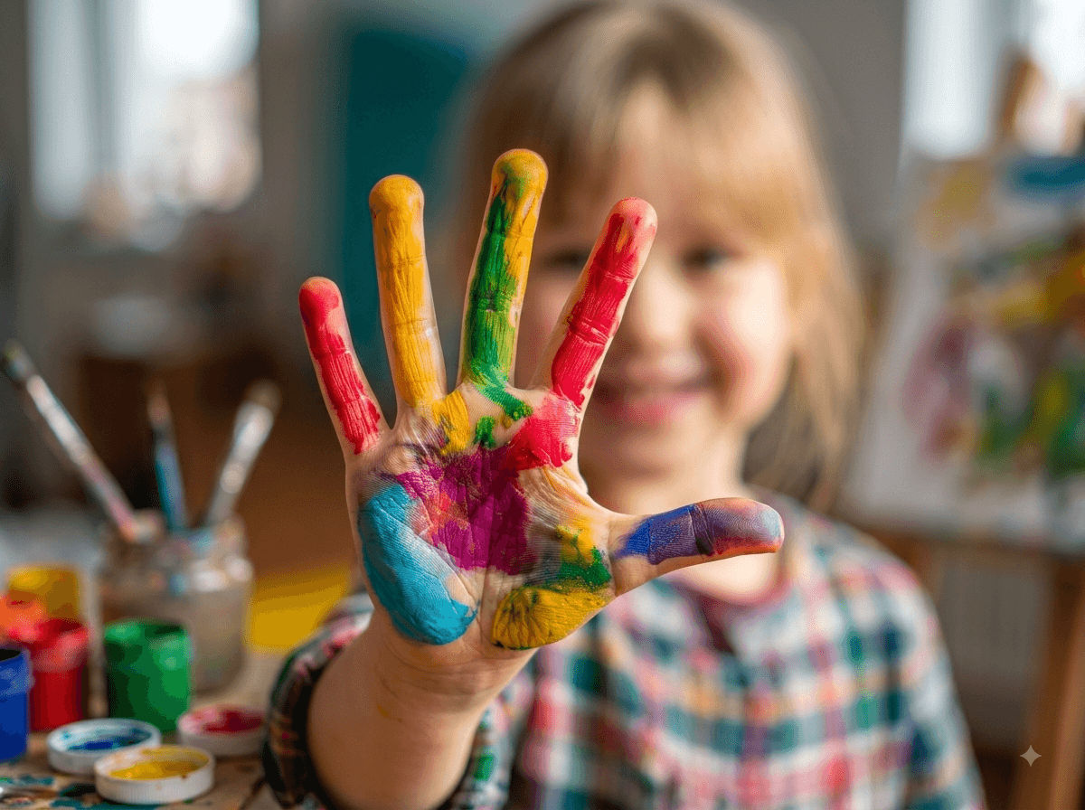 Child's hand covered in colourful finger paints