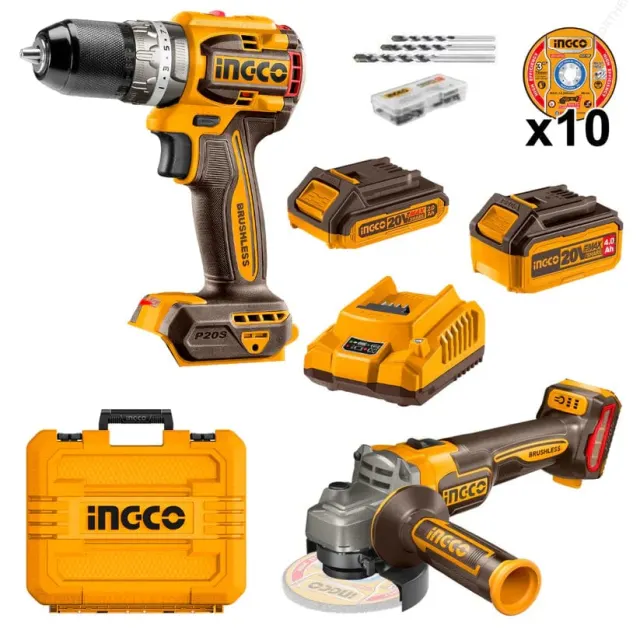 Ingco 20V Lithium-Ion Cordless Angle Grinder & Hammer Impact Drill Combo Kit