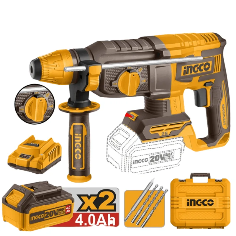 Ingco 20V Lithium-Ion Cordless Brushless Rotary Hammer With 2x4.0Ah Batteries